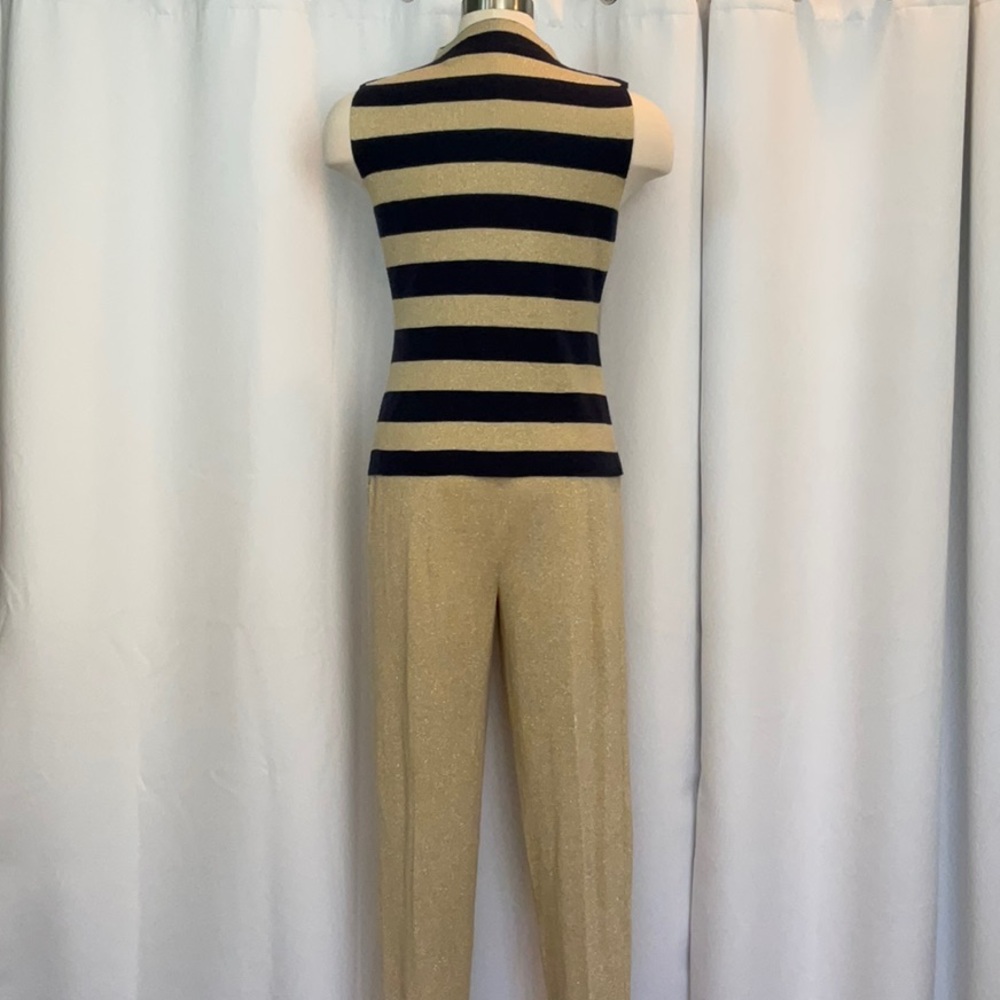 Christina Hope Navy Metallic Gold Stripe Knit Top & Gold Knit Pants Women Sz M - Picture 2 of 15